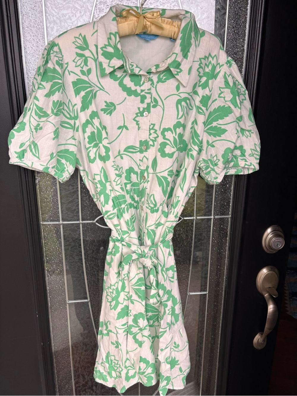 Draper James RSVP White and Green Floral Button-Front Dress with Tie Waist
